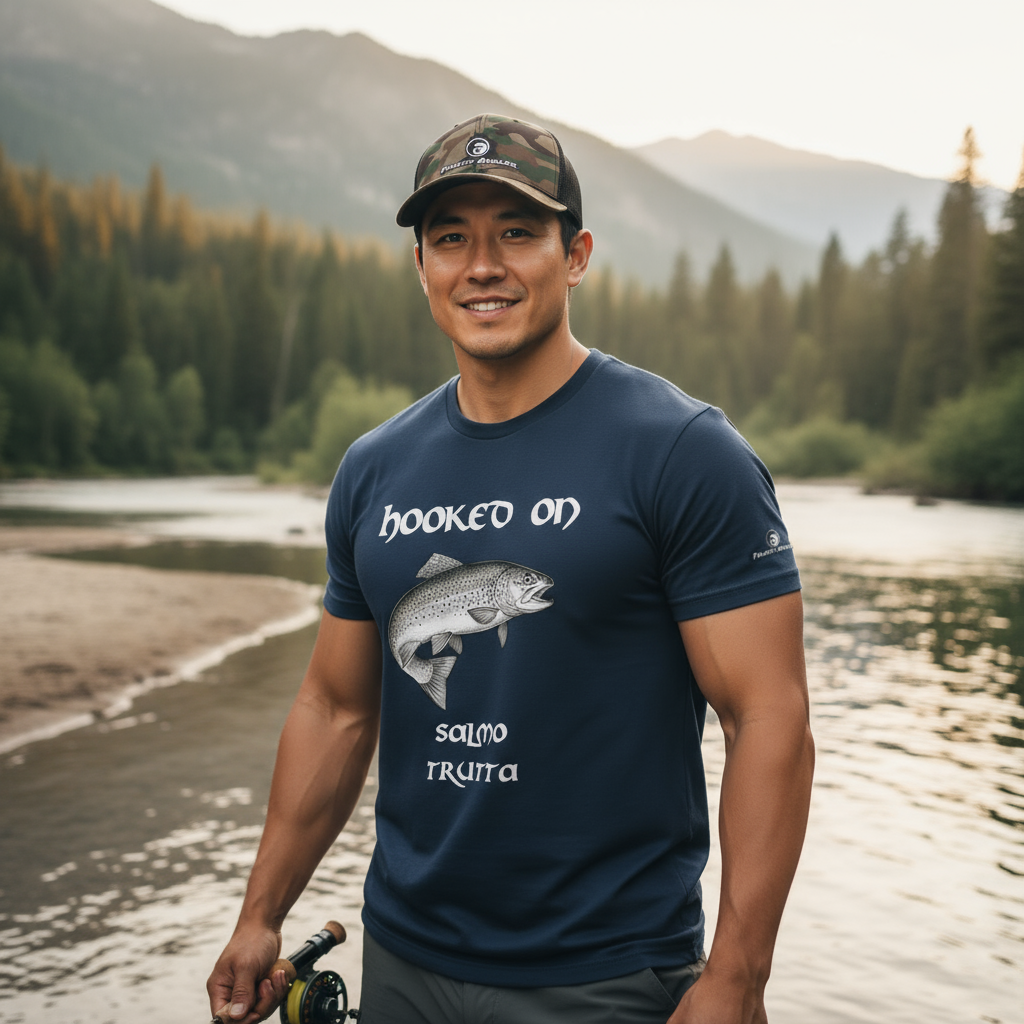 Hooked on Salmo trutta (brown trout) fishing t-shirt – model Ryo wearing the premium Indeep Blue (navy) edition with branding detail