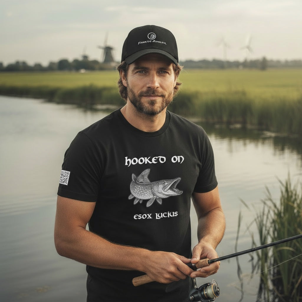 Hooked on Esox lucius (northern pike) fishing t-shirt – model Aegil wearing the premium black edition with branding detail