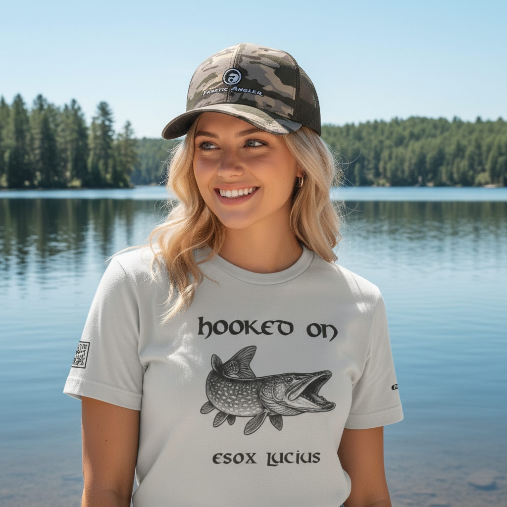Hooked on Esox lucius (northern pike) fishing t-shirt – model Hailey wearing the premium Minnow Grey (silver) edition with branding detail