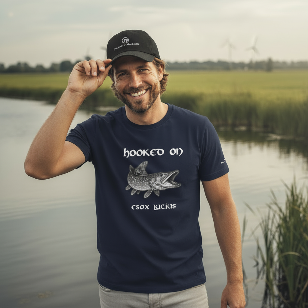 Hooked on Esox lucius (northern pike) fishing t-shirt – model Aegil wearing the premium Indeep Blue (navy) edition with branding detail