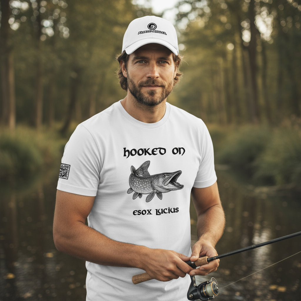 Hooked on Esox lucius (northern pike) fishing t-shirt – model Aegil wearing the premium white edition with branding detail