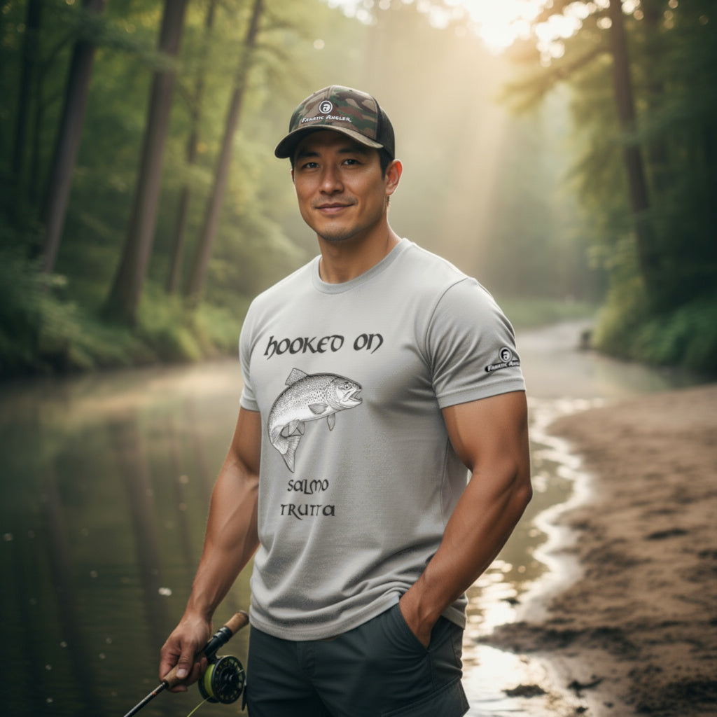 Hooked on Salmo trutta (brown trout) fishing t-shirt – model Ryo wearing the premium Minnow Grey (silver) edition with branding detail
