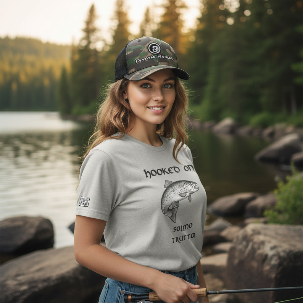 Hooked on Salmo trutta (brown trout) fishing t-shirt – model Lena wearing the premium Minnow Grey (silver) edition with branding detail