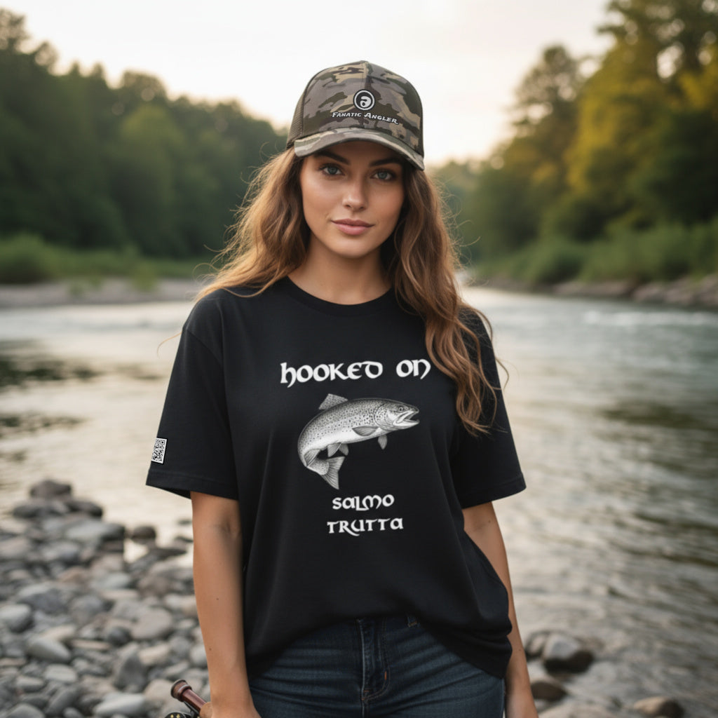 Hooked on Salmo trutta (brown trout) fishing t-shirt – model Lena wearing the premium black edition with branding detail