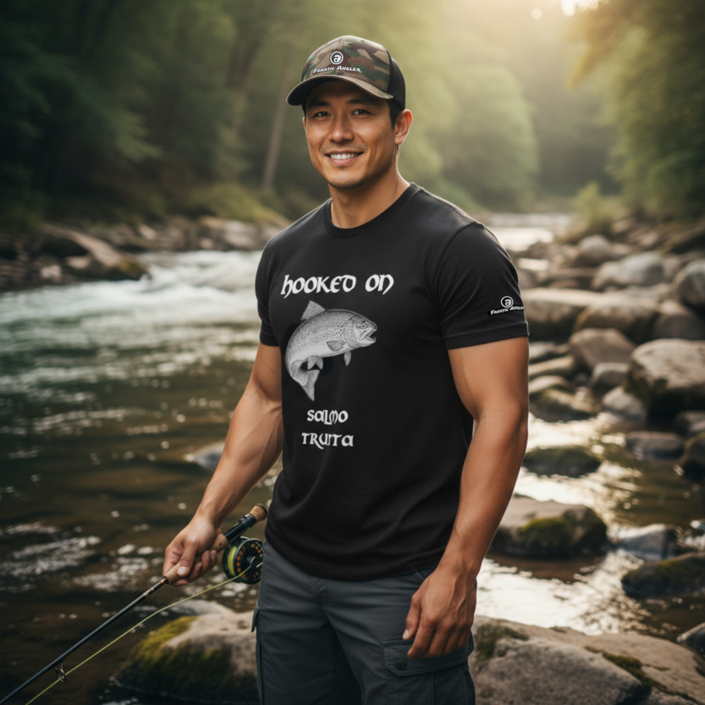 Hooked on Salmo trutta (brown trout) fishing t-shirt – model Ryo wearing the premium black edition with branding detail