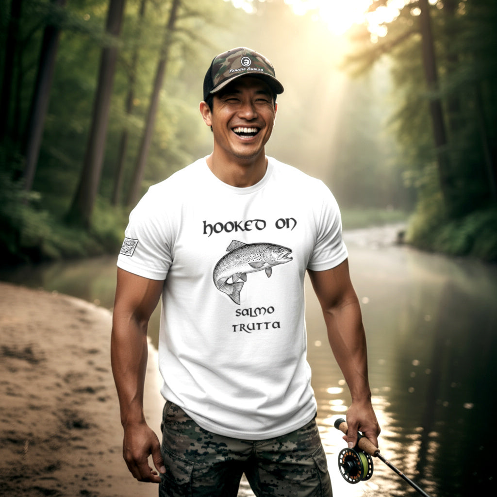 Hooked on Salmo trutta (brown trout) fishing t-shirt – model Ryo wearing the premium white edition with branding detail
