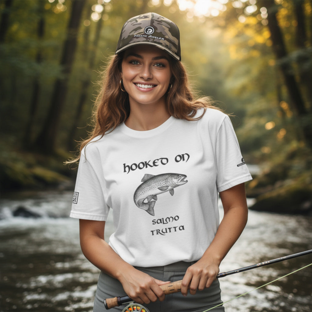 Hooked on Salmo trutta (brown trout) fishing t-shirt – model Lena wearing the premium white edition with branding detail