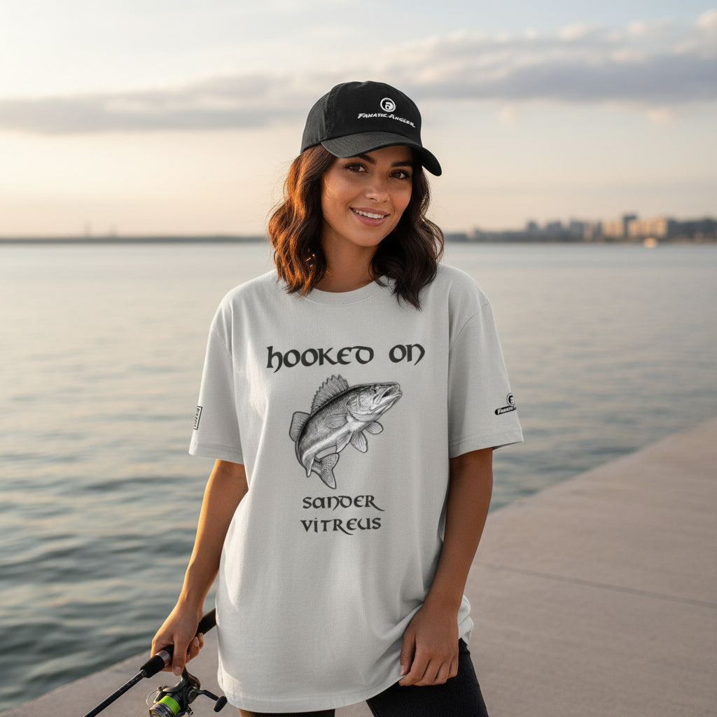 Hooked on Sander vitreus (walleye) fishing t-shirt – model Elise wearing the premium Minnow Grey (silver) edition with branding detail