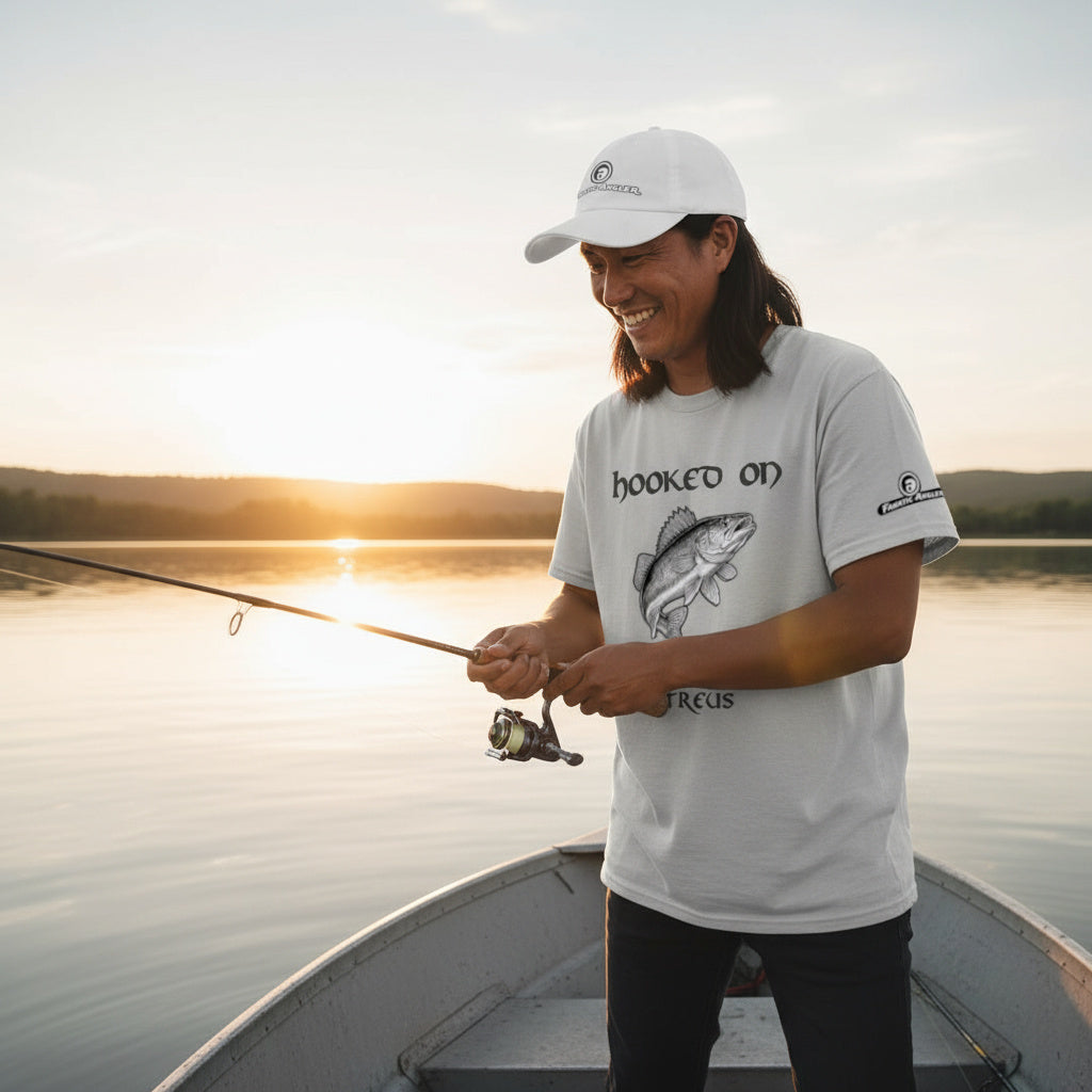 Hooked on Sander vitreus (walleye) fishing t-shirt – model Makwa wearing the premium Minnow Grey (silver) edition with branding detail