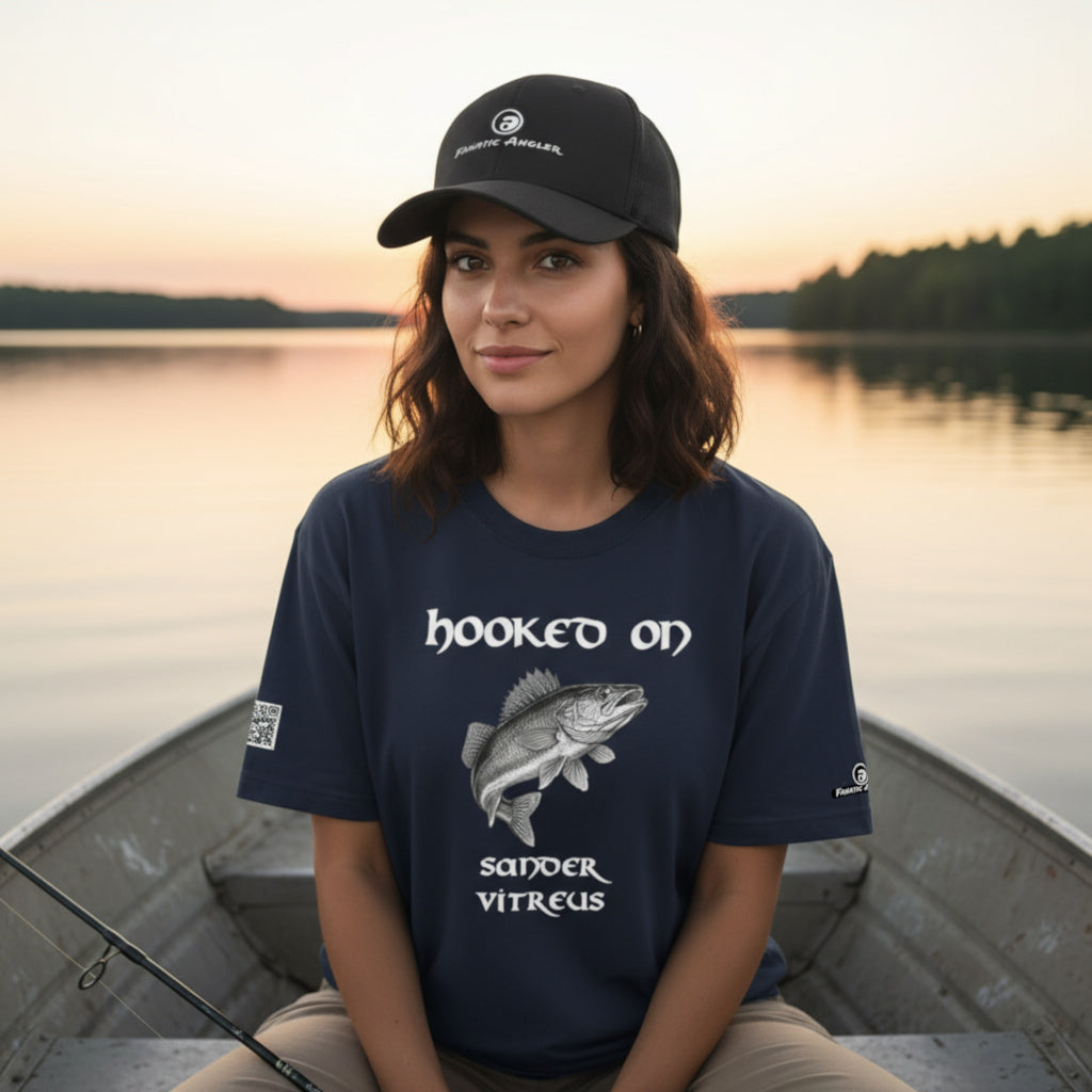 Hooked on Sander vitreus (walleye) fishing t-shirt – model Elise wearing the premium Indeep Blue (navy) edition with branding detail