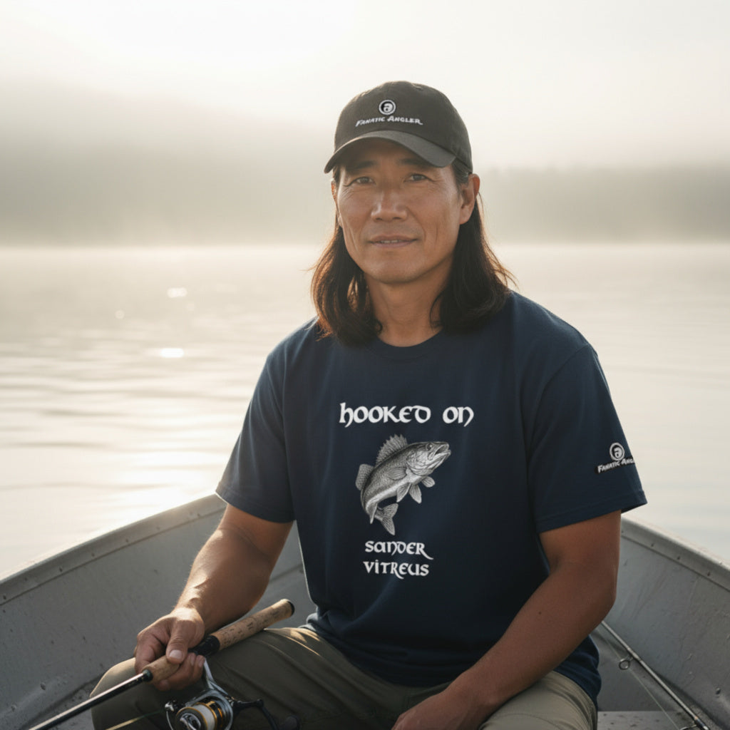 Hooked on Sander vitreus (walleye) fishing t-shirt – model Makwa wearing the premium Indeep Blue (navy) edition with branding detail