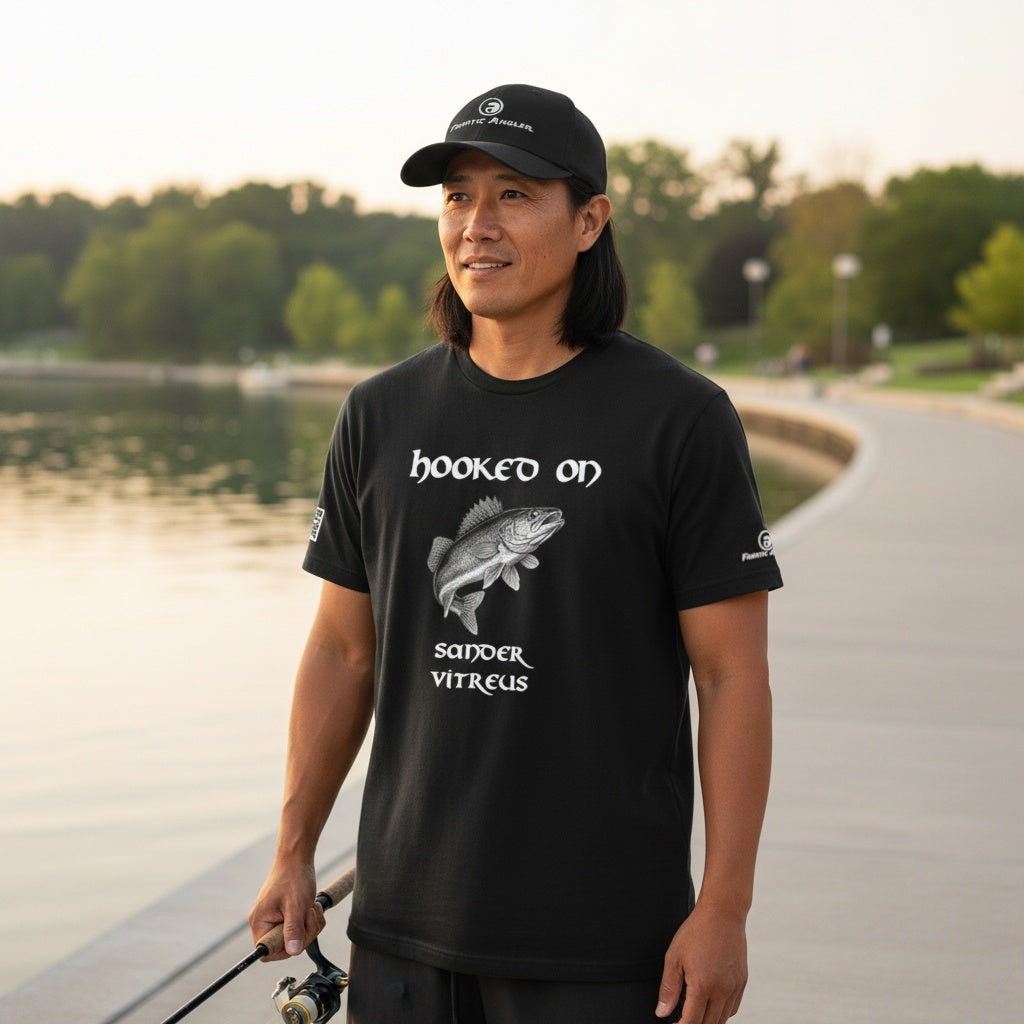 Hooked on Sander vitreus (walleye) fishing t-shirt – model Makwa wearing the premium black edition with branding detail