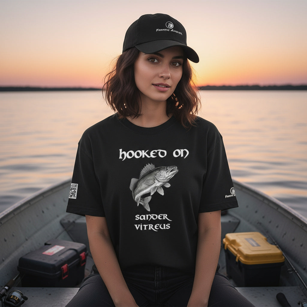 Hooked on Sander vitreus (walleye) fishing t-shirt – model Elise wearing the premium black edition with branding detail