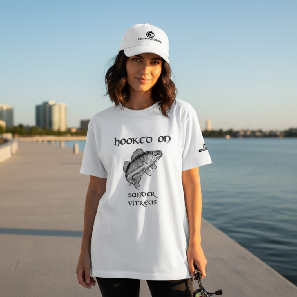 Hooked on Sander vitreus (walleye) fishing t-shirt – model Elise wearing the premium white edition with branding detail