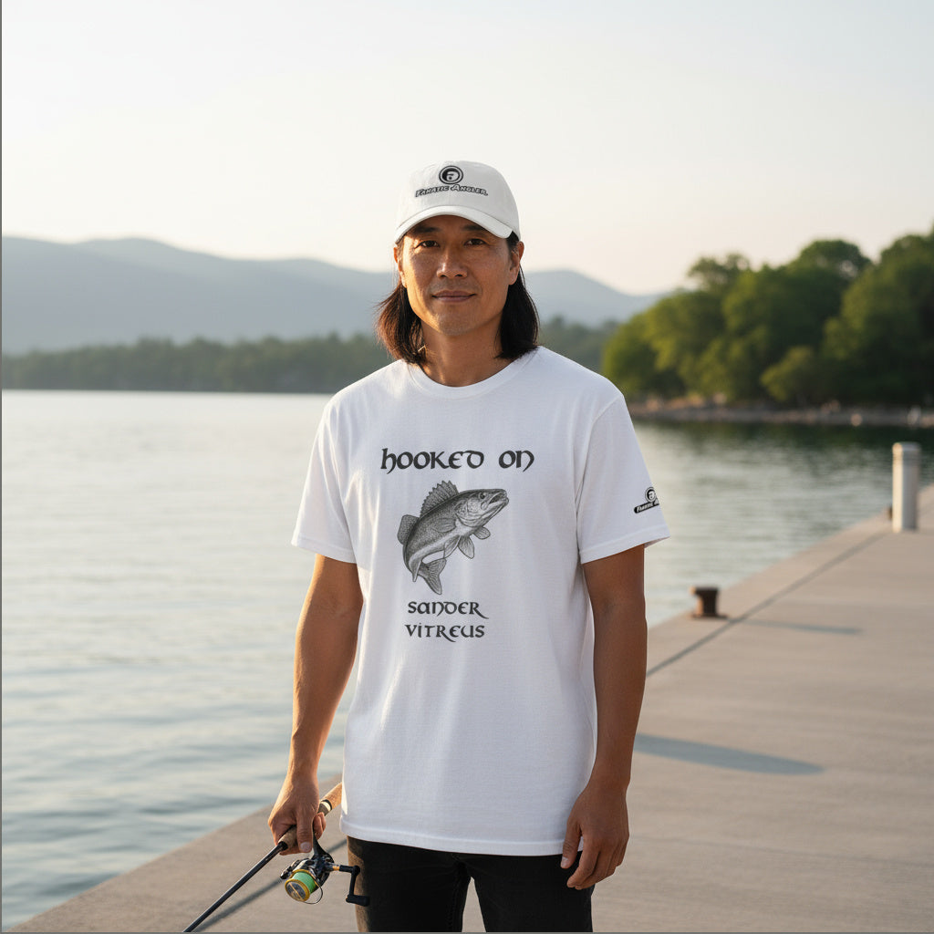 Hooked on Sander vitreus (walleye) fishing t-shirt – model Makwa wearing the premium white edition with branding detail