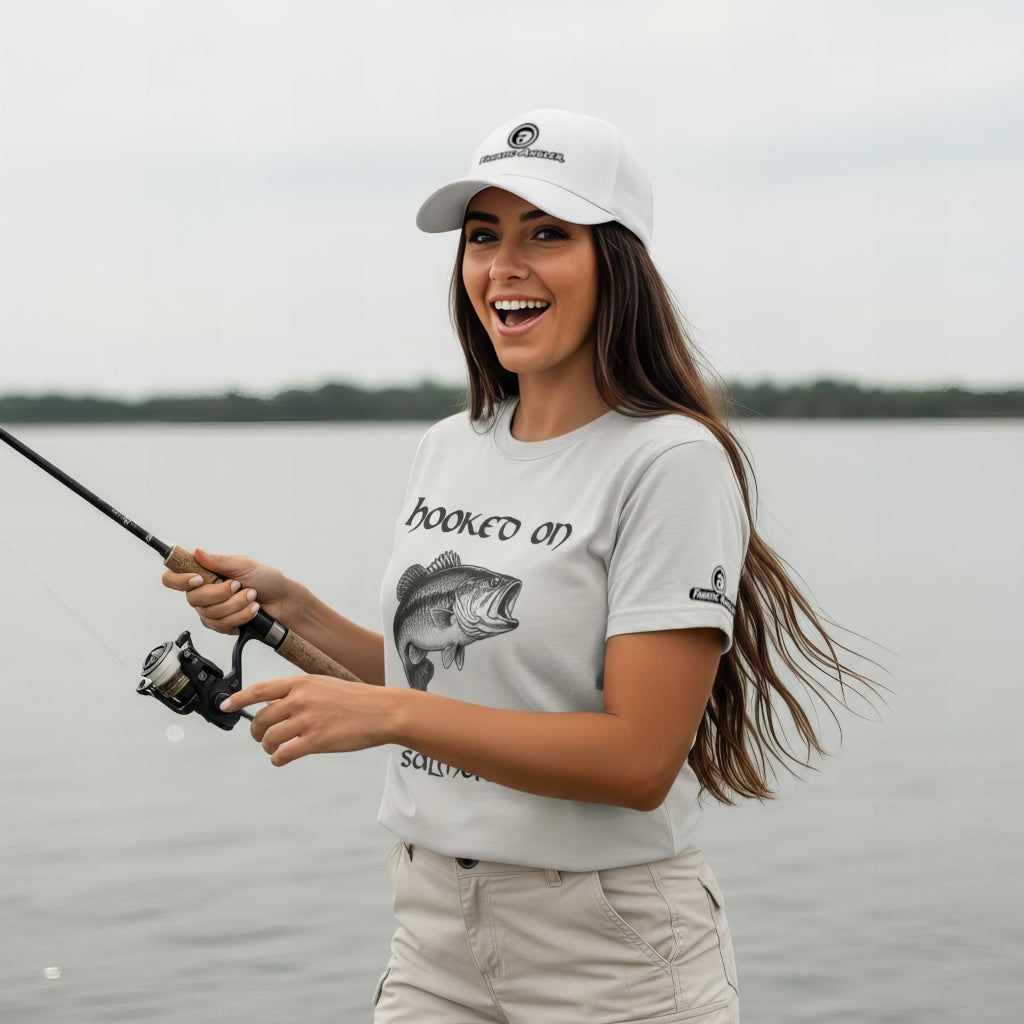 Hooked on Micropterus salmoides (largemouth bass) fishing t-shirt – model Ilani wearing the premium Minnow Grey (silver) edition with branding detail