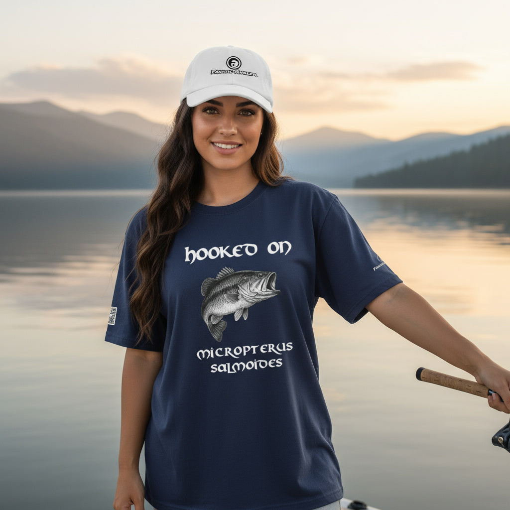 Hooked on Micropterus salmoides (largemouth bass) fishing t-shirt – model Ilani wearing the premium Indeep Blue (navy) edition with branding detail