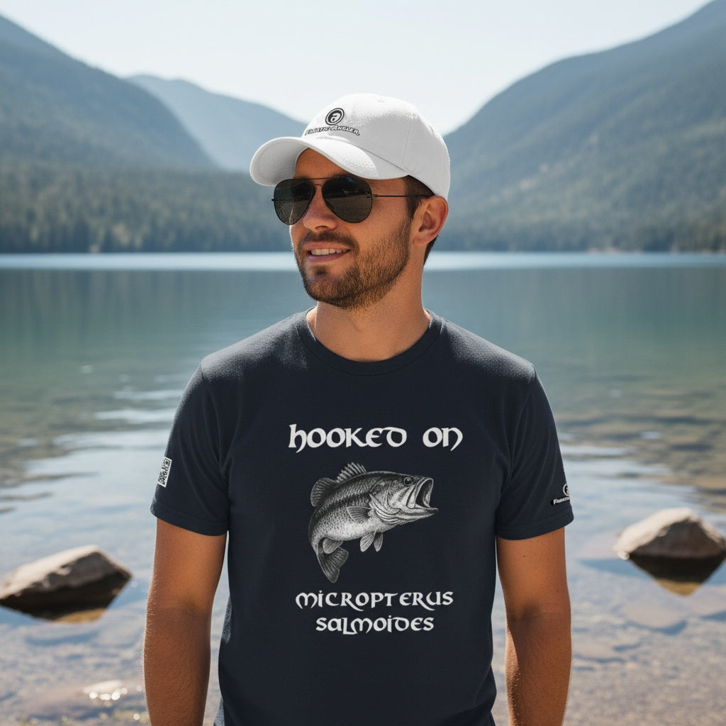 Hooked on Micropterus salmoides (largemouth bass) fishing t-shirt – model Fransisco wearing the premium Indeep Blue (navy) edition with branding detail