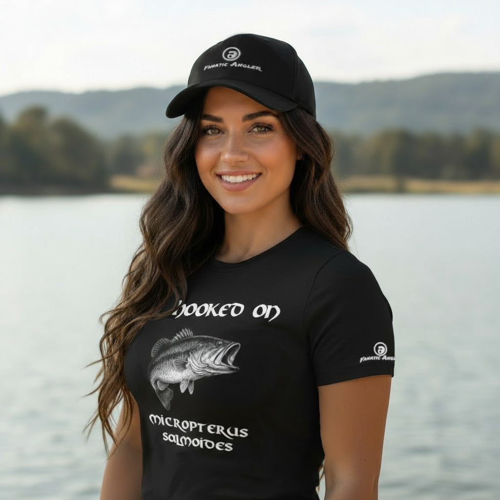 Hooked on Micropterus salmoides (largemouth bass) fishing t-shirt – model Ilani wearing the premium black edition with branding detail