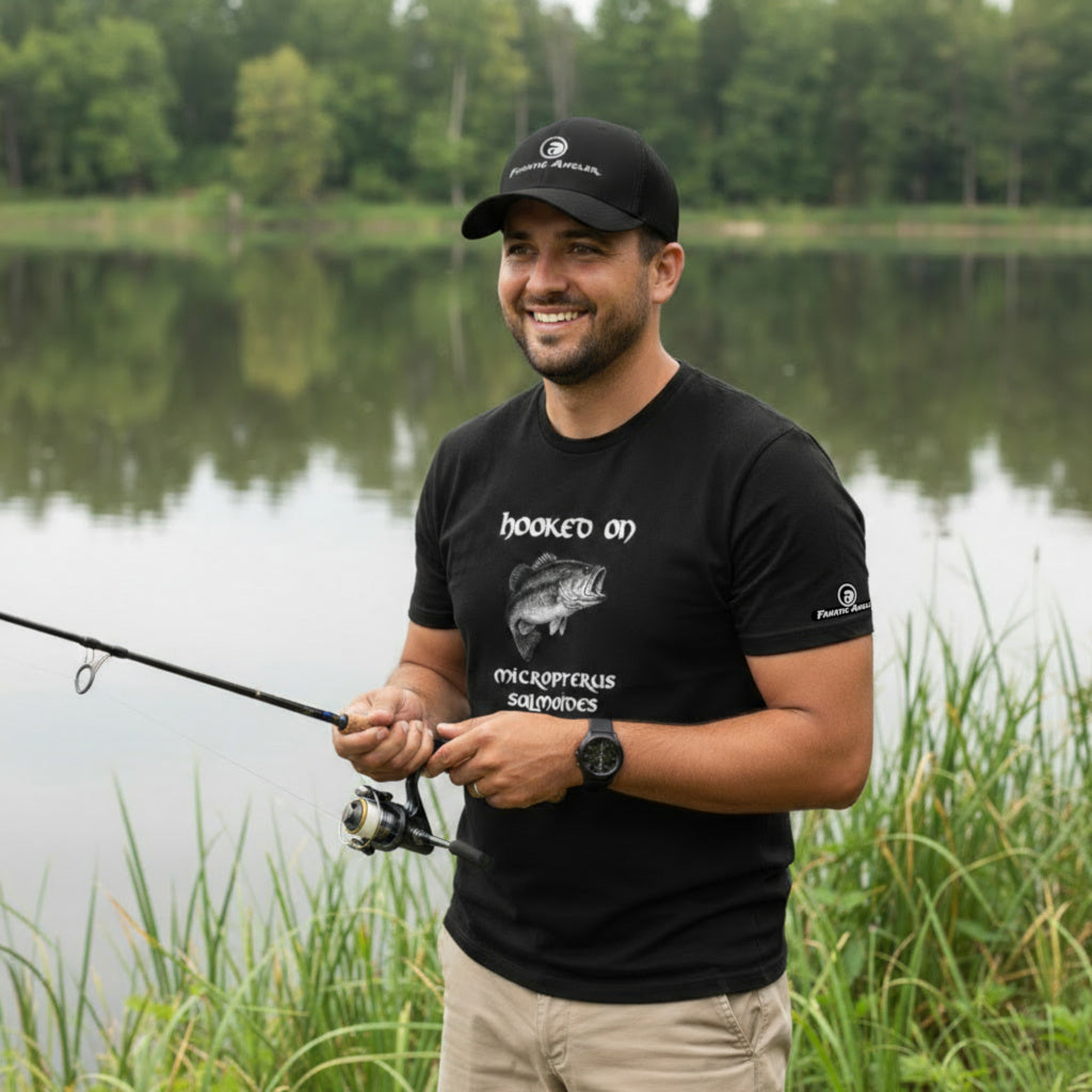 Hooked on Micropterus salmoides (largemouth bass) fishing t-shirt – model Fransisco wearing the premium black edition with branding detail