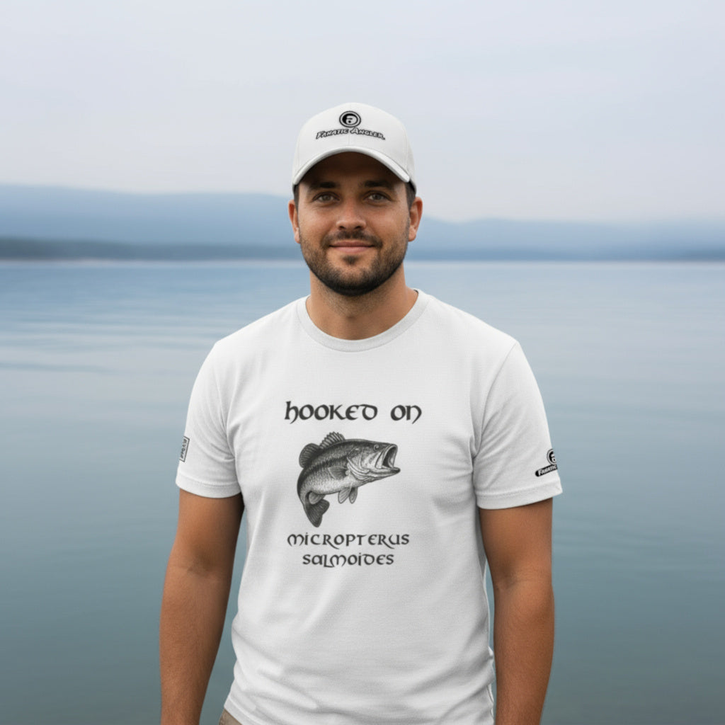 Hooked on Micropterus salmoides (largemouth bass) fishing t-shirt – model Fransisco wearing the premium white edition with branding detail