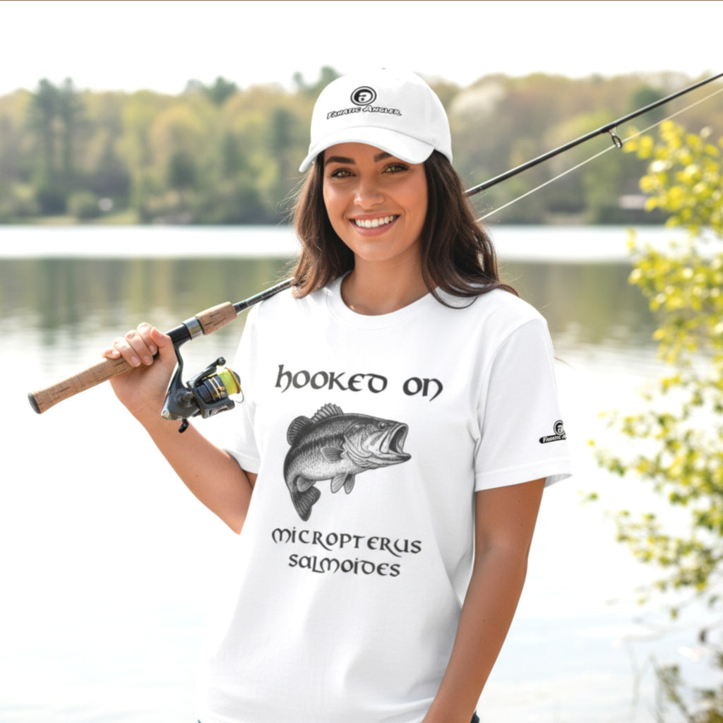 Hooked on Micropterus salmoides (largemouth bass) fishing t-shirt – model Ilani wearing the premium white edition with branding detail