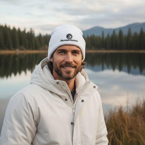 Fanatic Angler knit fishing beanie – model Aegil wearing the premium Cumulus White edition with embroidered branding