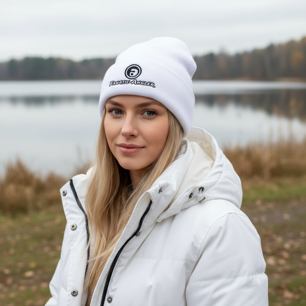 Fanatic Angler knit fishing beanie – model Hailey wearing the premium Cumulus White edition with embroidered branding
