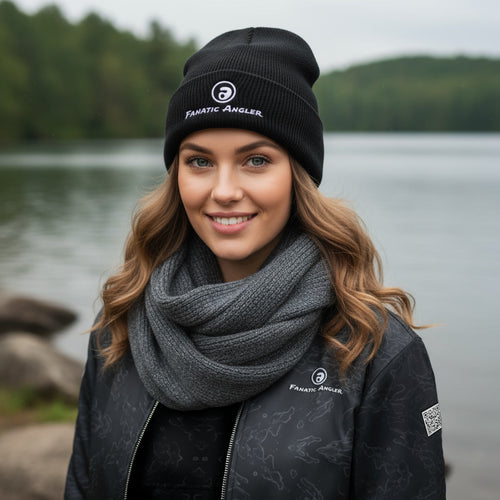 Fanatic Angler knit fishing beanie – model Lena wearing the premium Ridge Black edition with embroidered branding