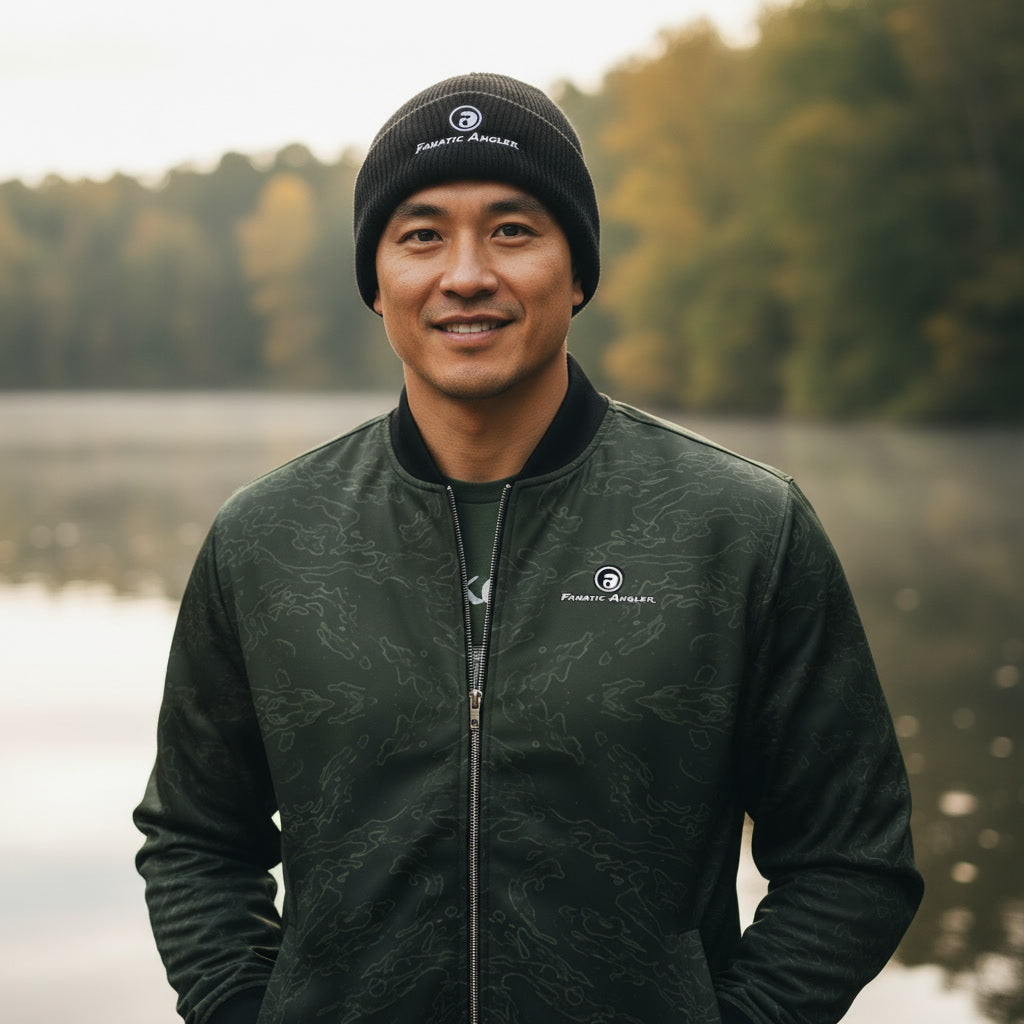 Fanatic Angler knit fishing beanie – model Ryo wearing the premium Ridge Black edition with embroidered branding