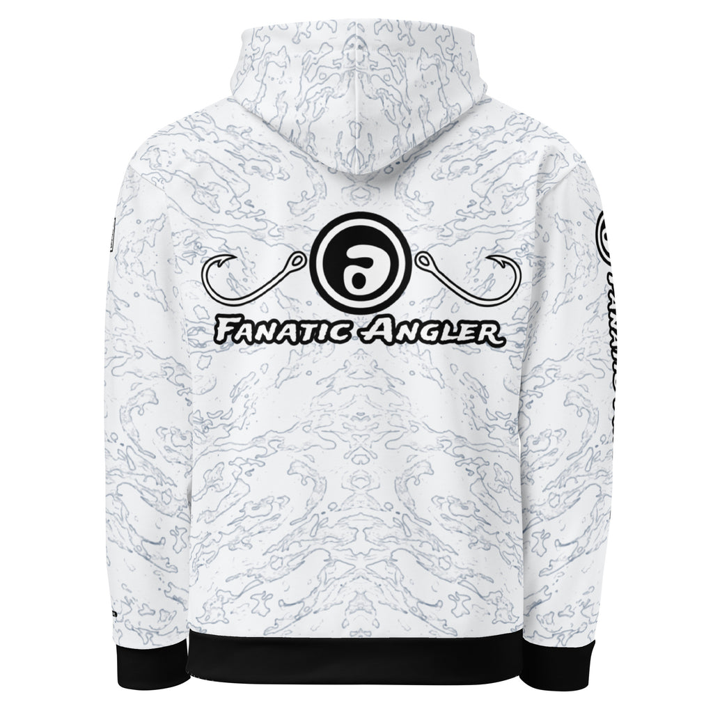 Fanatic Angler Halcyon White Hoodie – premium fishing hoodie with branding