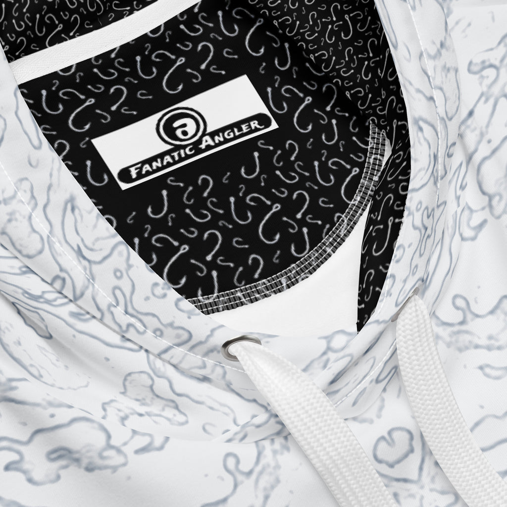 Fanatic Angler Halcyon White Hoodie – premium fishing hoodie detail with branding
