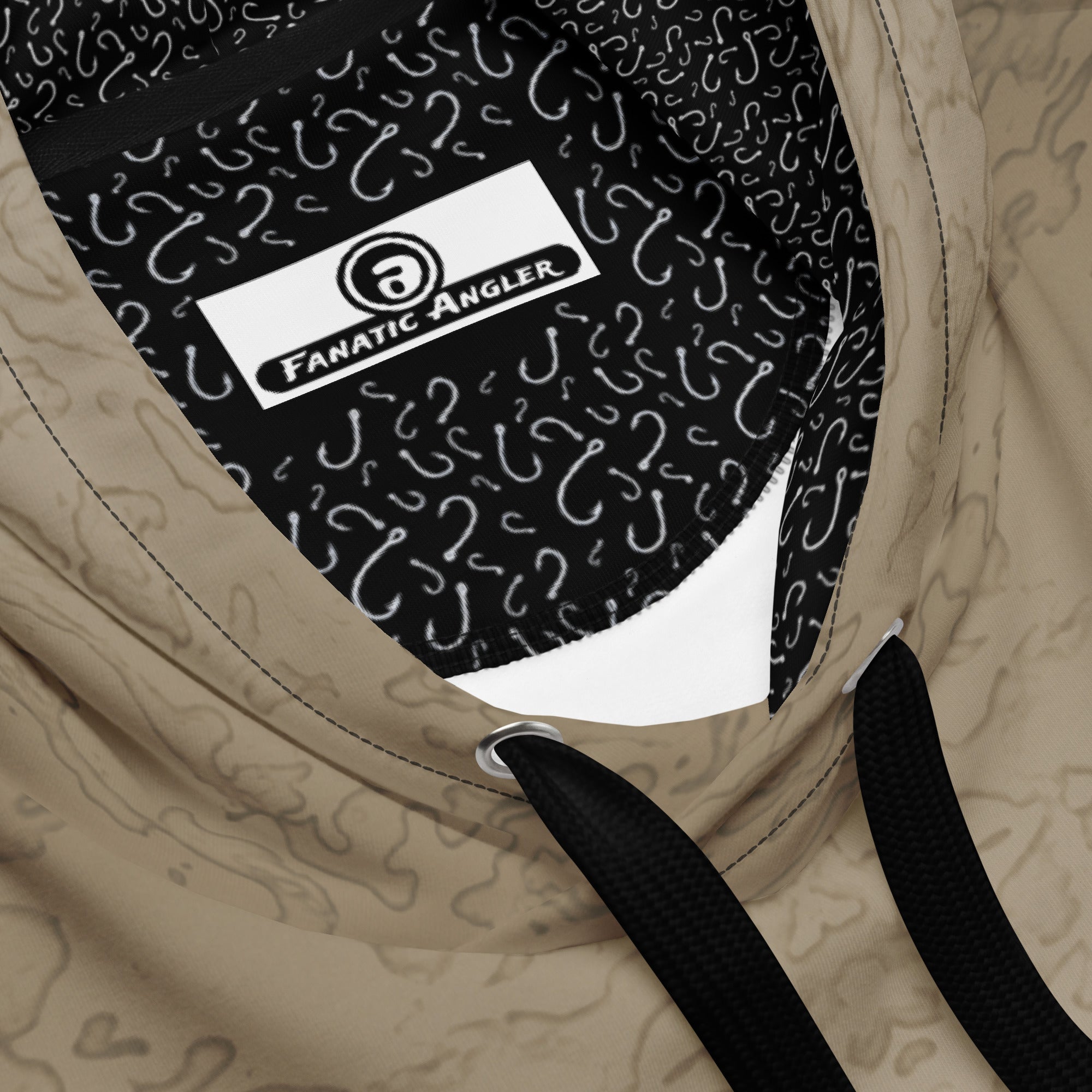 Fanatic Angler Drop-off Khaki Hoodie – premium fishing hoodie detail with branding