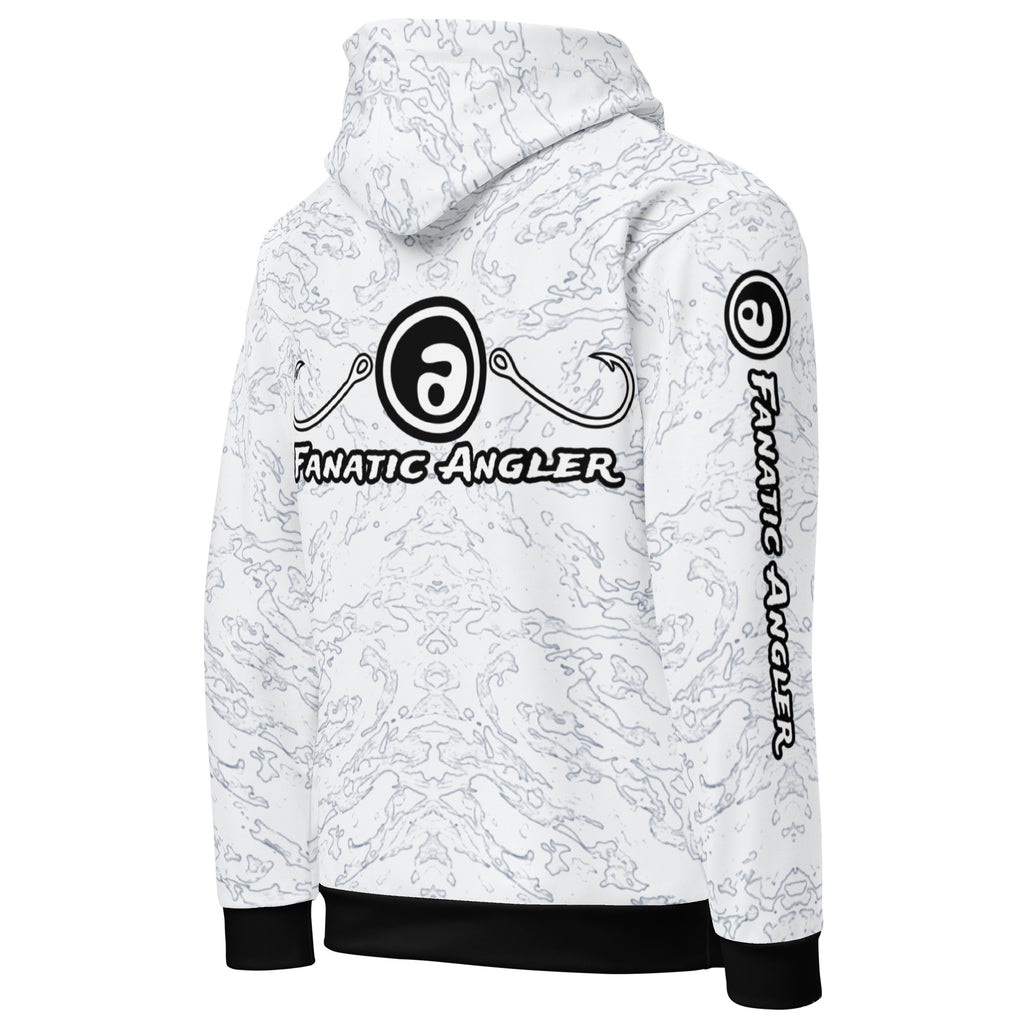 Fanatic Angler Halcyon White Hoodie – premium fishing hoodie with branding