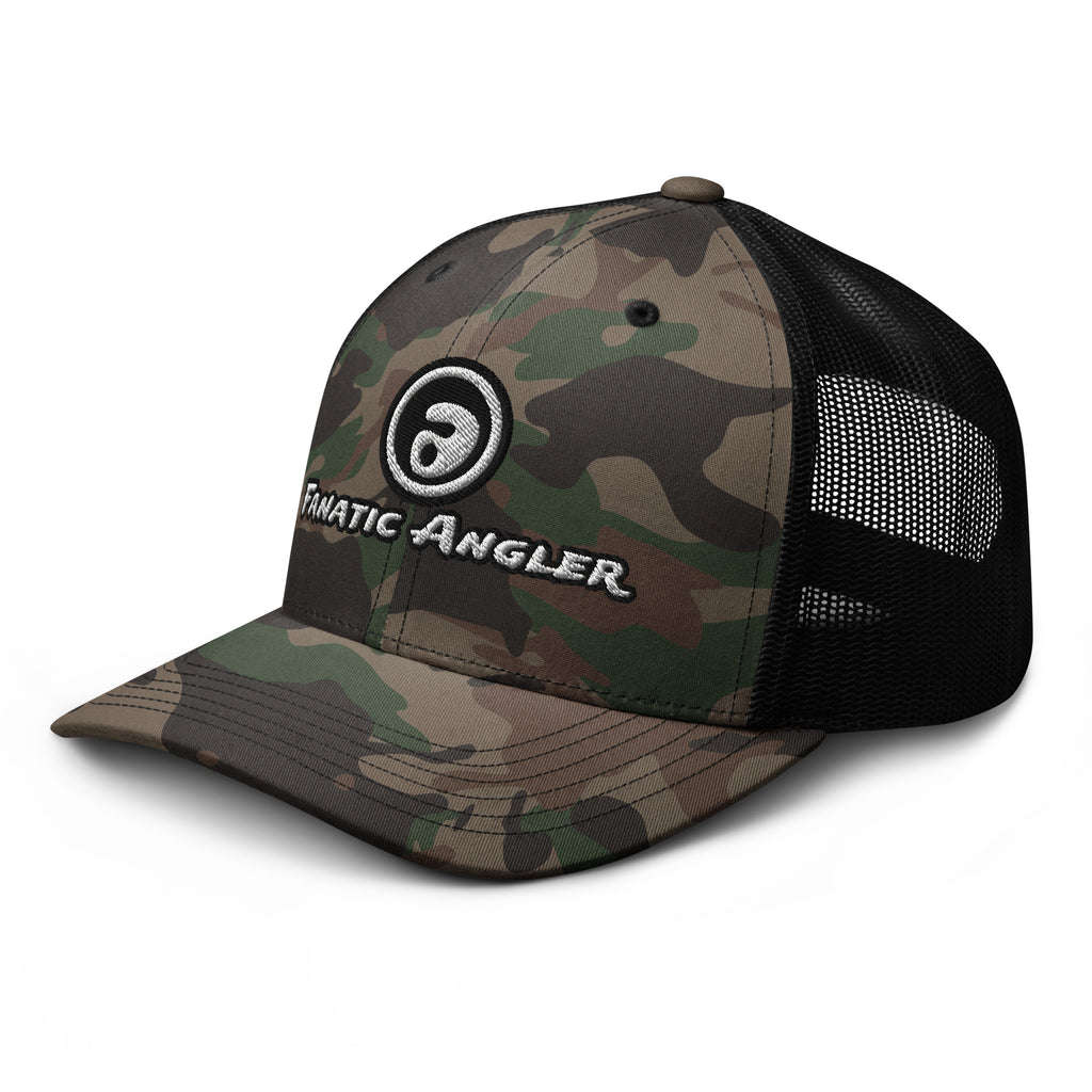 Premium fishing mesh cap – camo front view – Fanatic Angler edition