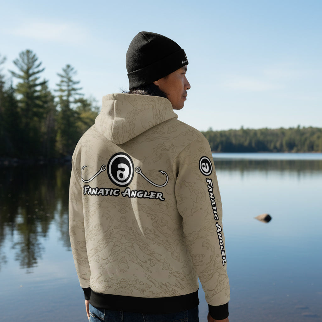 Makwa wearing the Fanatic Angler Drop-off Khaki Hoodie – premium fishing hoodie with branding