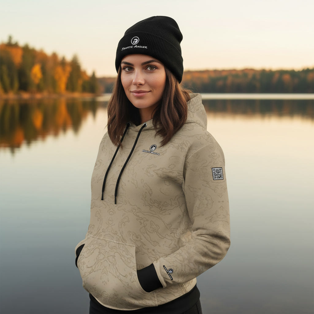 Elise wearing the Fanatic Angler Drop-off Khaki Hoodie – premium fishing hoodie with branding