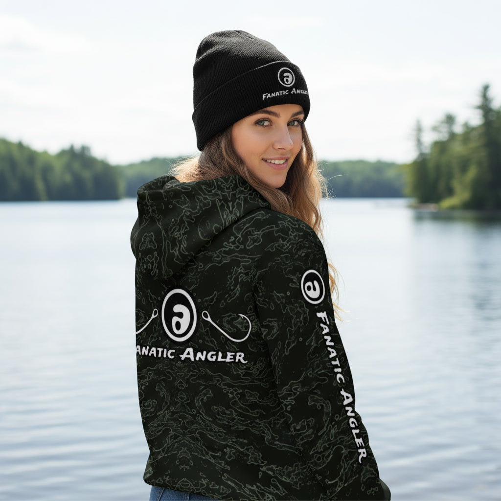 Lena wearing the Fanatic Angler Diatom Green Hoodie – premium fishing hoodie with branding