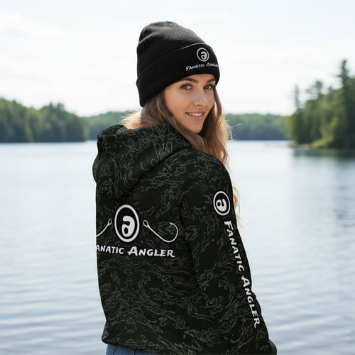 Lena wearing the Fanatic Angler Diatom Green Hoodie – premium fishing hoodie with branding