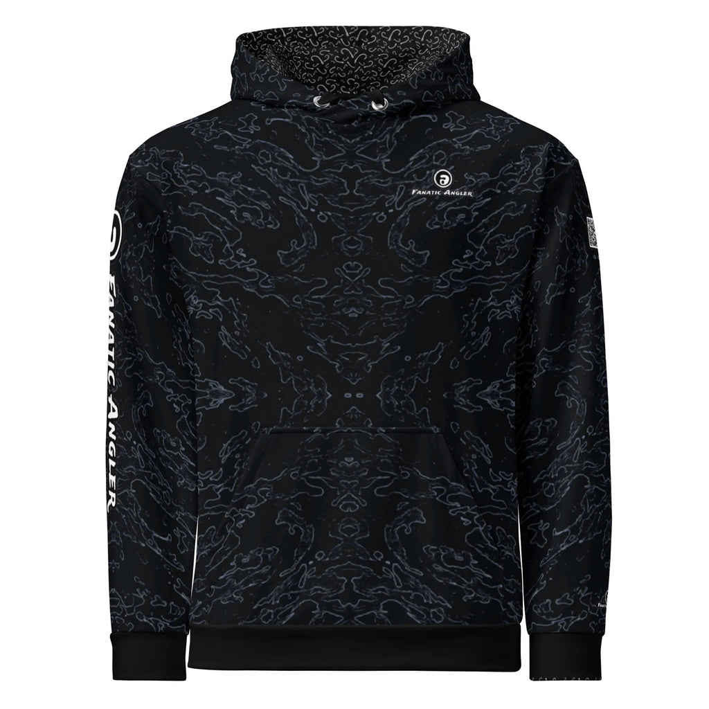 Black patterned hoodie with brand logo on a white background