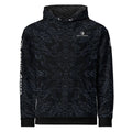 Black patterned hoodie with brand logo on a white background
