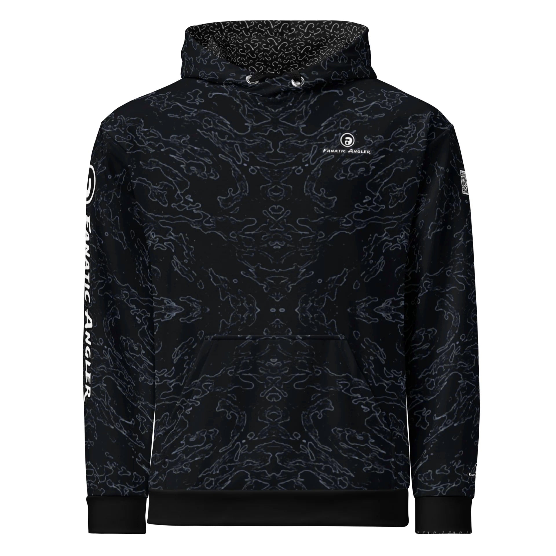 Black patterned hoodie with brand logo on a white background