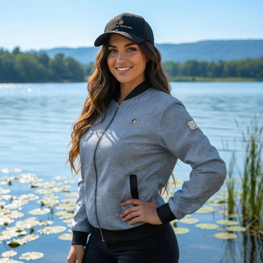 Ilani wearing the Fanatic Angler Tactical Blue Edition Jacket – premium fishing jacket with branding