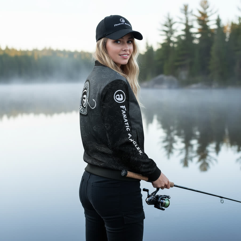 Hailey wearing the Fanatic Angler Shadow Edition Jacket – premium fishing jacket with branding