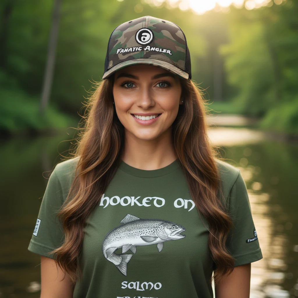 Fanatic Angler fishing mesh cap – model Lena wearing the premium Creek Shadow (camo black) edition with embroidered branding detail