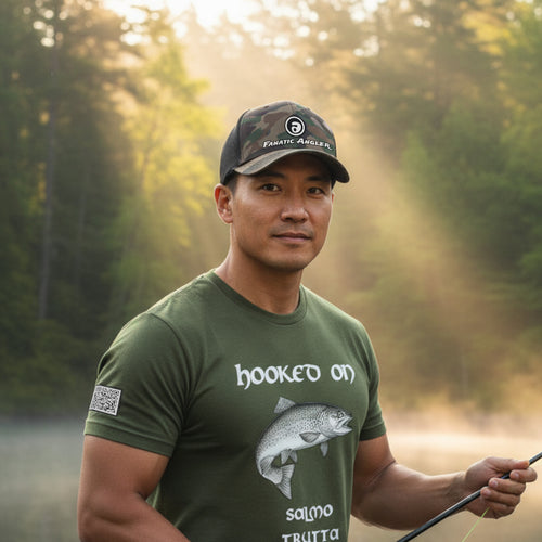 Fanatic Angler fishing mesh cap – model Ryo wearing the premium Creek Shadow (camo black) edition with embroidered branding detail