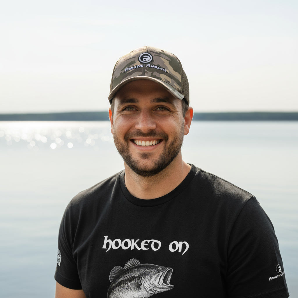 Fanatic Angler fishing mesh cap – model Fransisco wearing the premium Mellow Marsh (camo olive) edition with embroidered branding detail