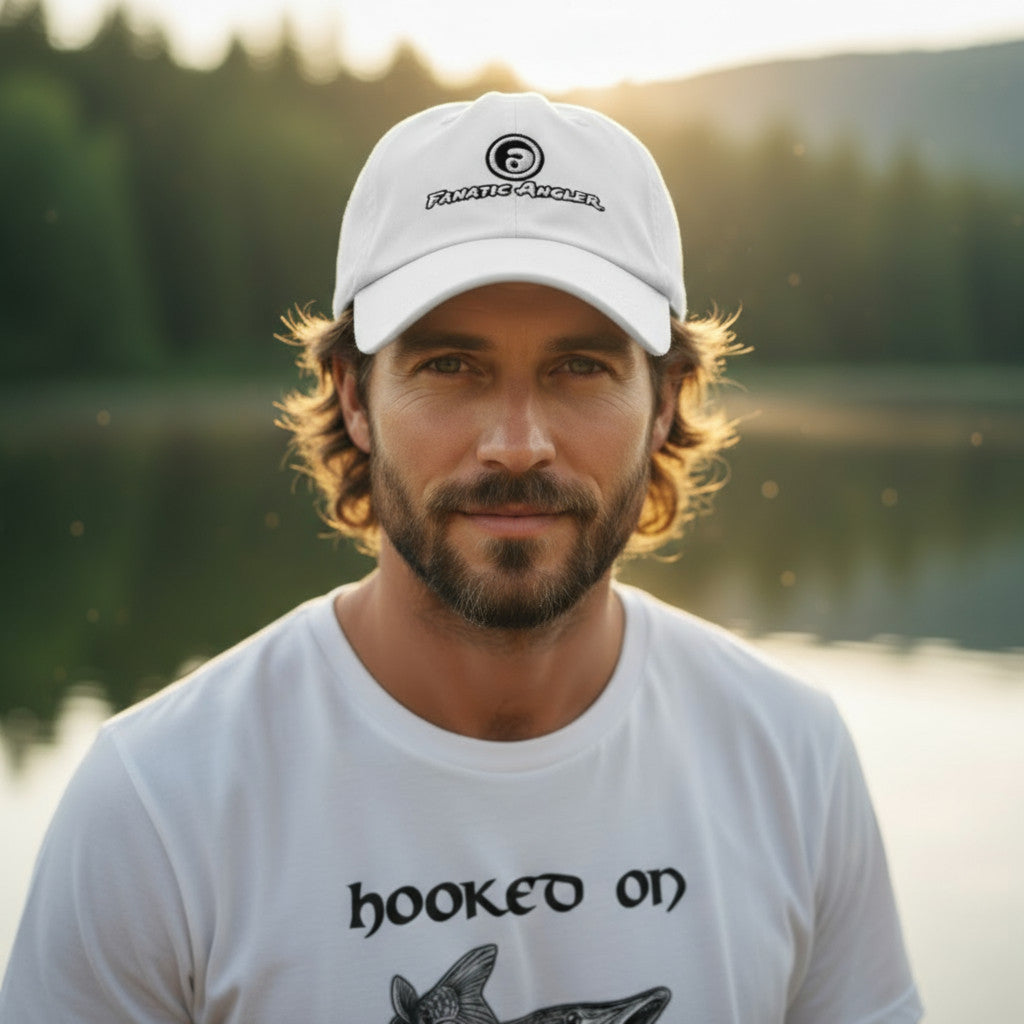 Fanatic Angler fishing cap – model Aegil wearing the premium Cumulus White Yupoong dad hat with embroidered branding