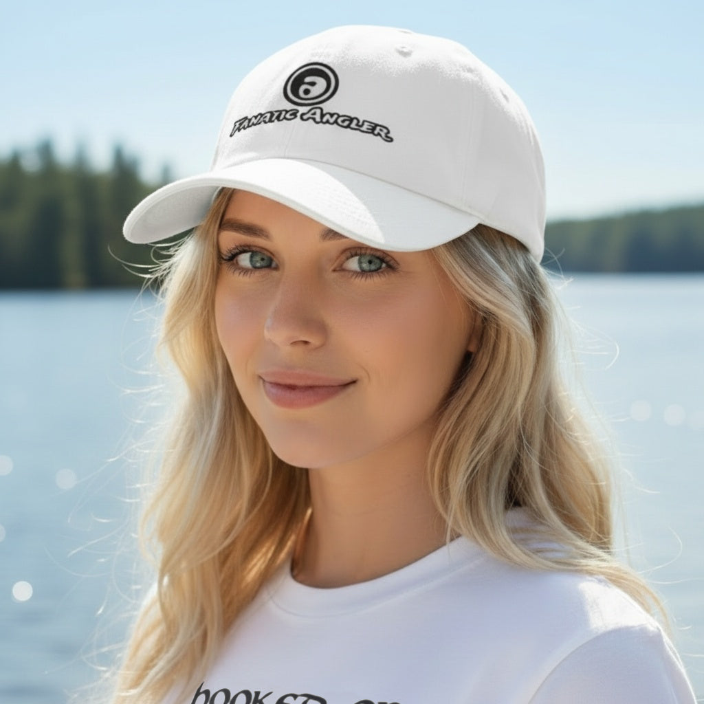 Fanatic Angler fishing cap – model Hailey wearing the premium Cumulus White Yupoong dad hat with embroidered branding