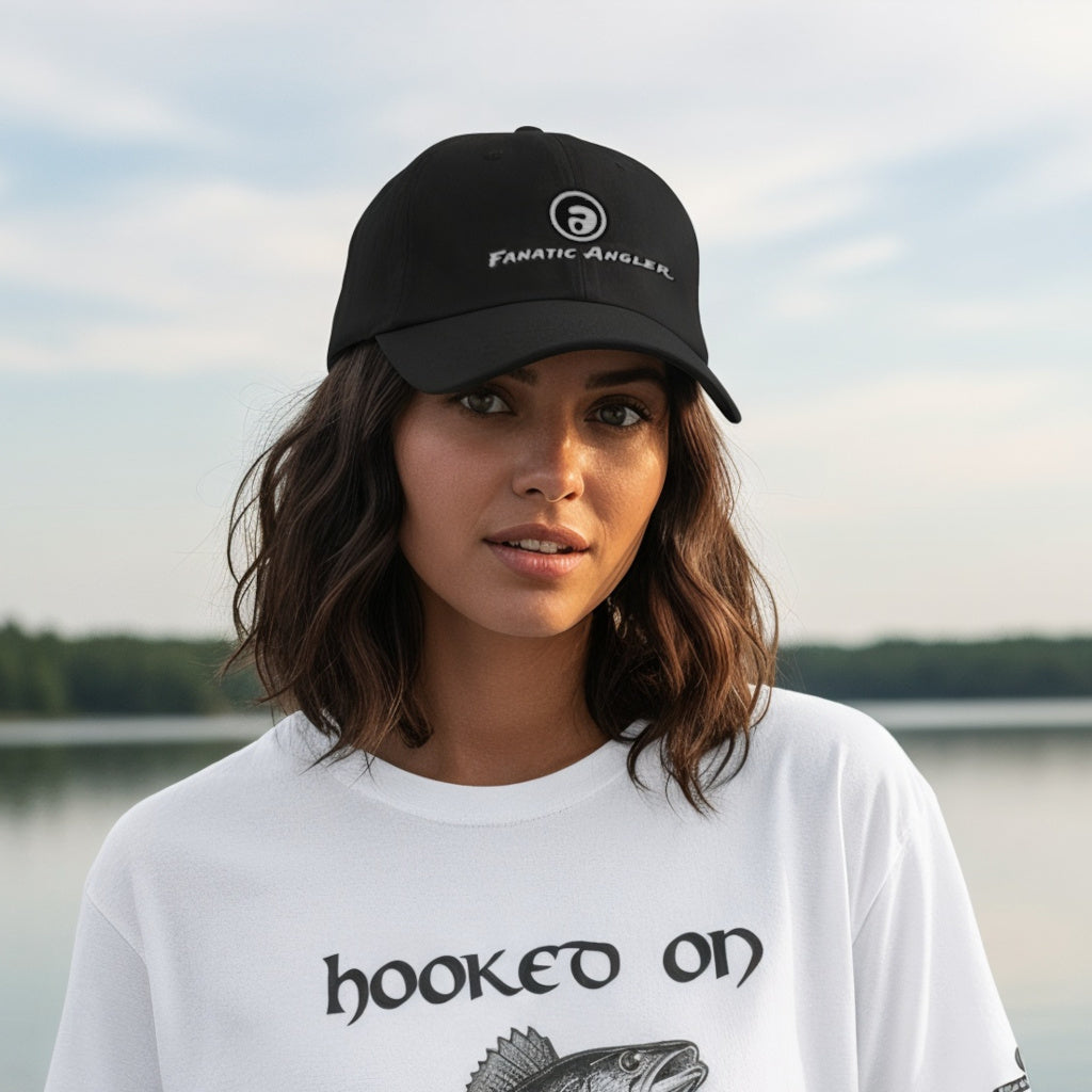 Fanatic Angler fishing cap – model Elise wearing the premium Ridge Black Yupoong dad hat with embroidered branding